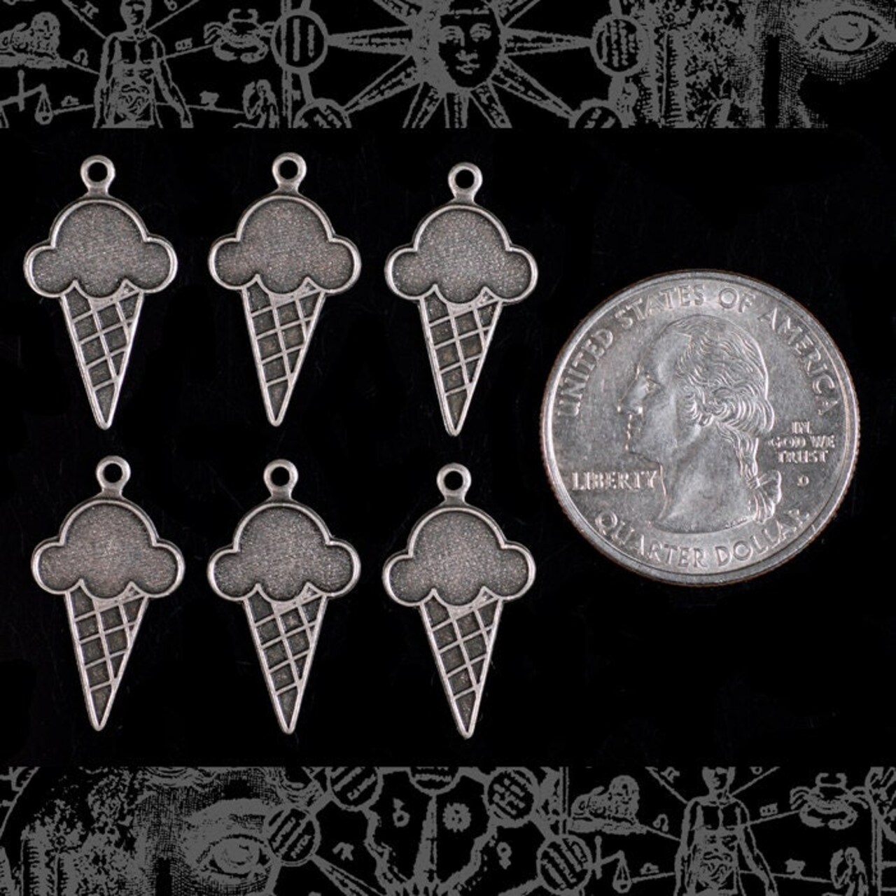 Antiqued Silver Plated Brass Ice Cream Cone Charms - Set of Six - S-C91